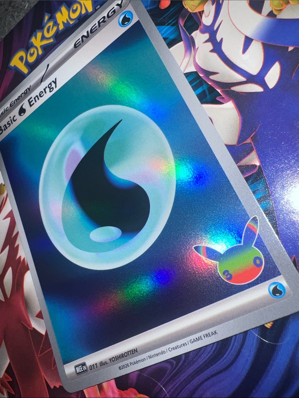 Pokemon Blue Holographic Water Energy Card with Rainbow Pikachu Accent